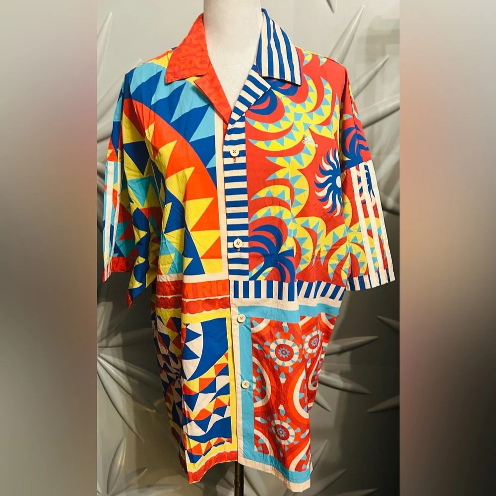 NWT Farm Rio/Adidas collab SZ S/M red/blue/yellow button front collared shirt. - Picture 2 of 10